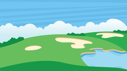 Obraz premium Cartoon Golf Course Landscape with Green Hills, Sand Bunkers and Pond Illustration