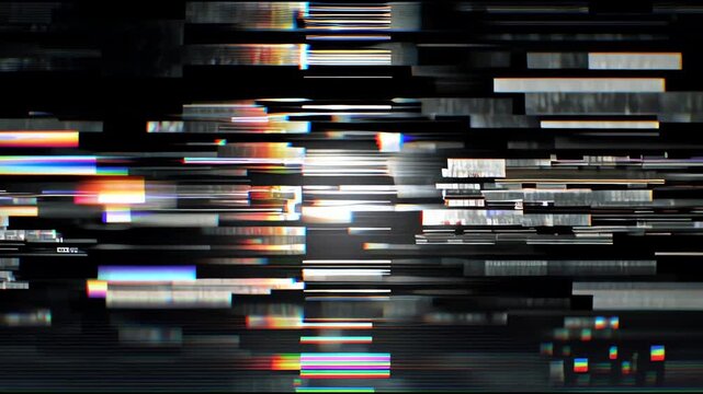 Abstract digital glitch effect with distorted lines, vibrant colors, and light flares. Represents data corruption, signal loss, or digital errors.
