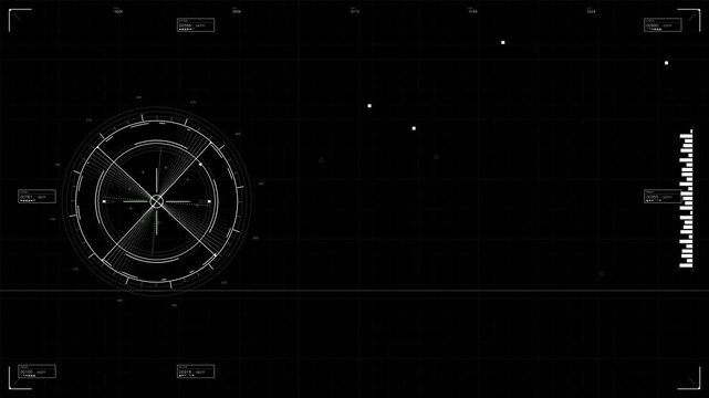 A military graphical user interface displaying data for war scenarios. The scene includes a rotating circular design with various indicators and markers.