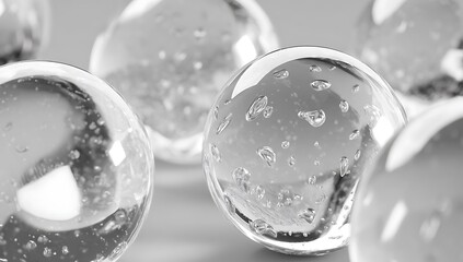 3D rendering transparent liquid spheres with bubbles inside, showcasing clarity, texture, and purity ideal for skincare, serum ads, and high-end cosmetic branding.