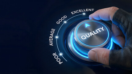 Hand adjusting a sleek glowing quality knob to excellent on a dark blue background