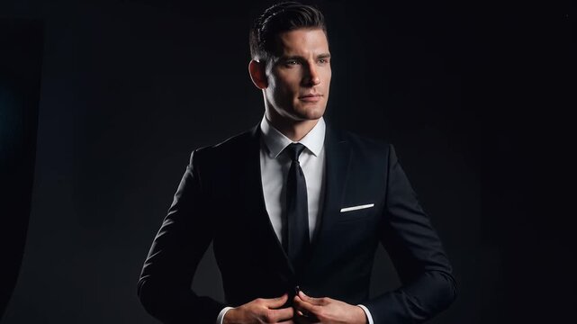 Man adjusting tie and buttoning suit under dramatic lighting, portraying confidence, ambition, and leadership.