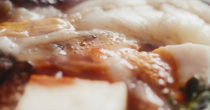 魚介たっぷりの鍋料理がグツグツ煮立つ熱々クローズアップ