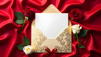 Mockup of blank white paper greeting card design, open envelope, roses - romantic message, love letter, template, backdrop, space, Valentine's day, Mother's day, Women's day, birthday