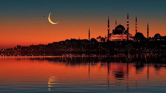 Istanbul Mosque Silhouette Water Reflection Sunset Crescent Moon