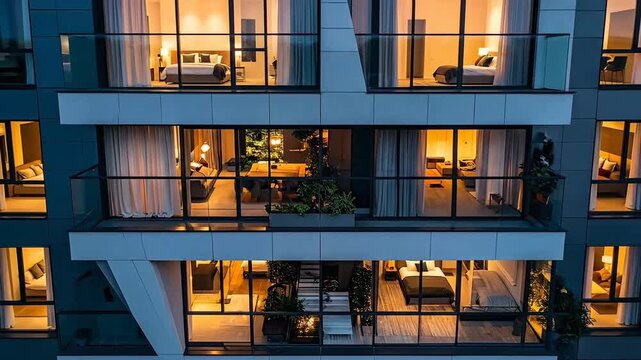 Modern apartment building exterior at night, showcasing illuminated interiors and contemporary architectural design.