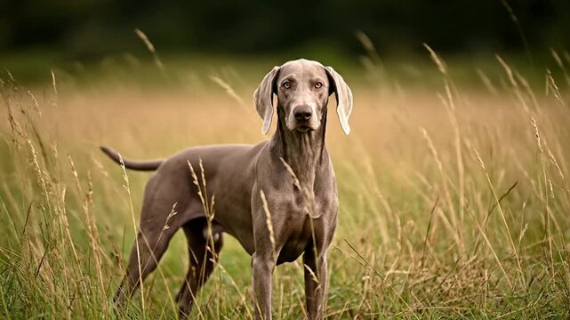 Weimaraner dog stands alert in tall golden grassy field at sunset