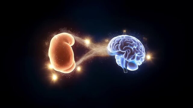 Two glowing orbs gut and brain connected by pathway of shimmering light particles with signals zipping back and forth illustrating dialogue. Realistic connected intelligent nootropics