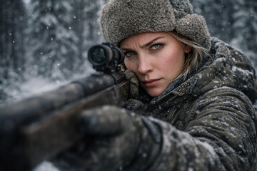 Fototapeta premium Concentrated woman with rifle with optics in snowy forest, dressed in heavy winter gear, close up.