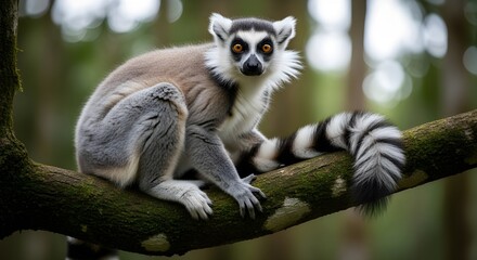 Fototapeta premium A ring-tailed lemur rests calmly on a tree branch, displaying distinctive striped tail markings and curious primate behavior.