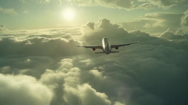 The aircraft is captured mid-flight, against the backdrop of a vast sky and thick cloud cover