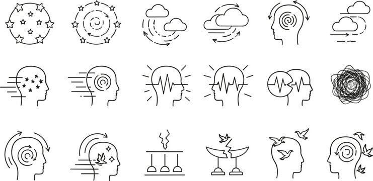 Mental health and psychology line icon set with mind stress anxiety focus and emotional balance symbols