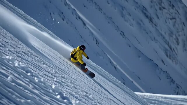 Snowboarder in yellow jacket shreds fresh powder on steep mountain slope