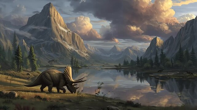 Triceratops Dinosaur Roaming a Prehistoric Valley Landscape at Sunset