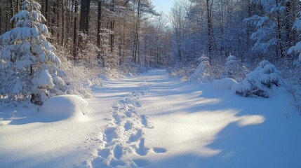 Snowy Forest Path Bathed in Golden Sunlight with Footprints Leading Through Fresh Snow