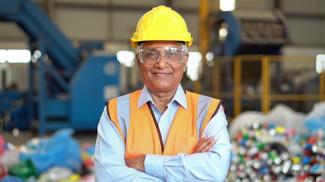 Smiling engineer posing confidently with arms crossed in a recycling plant environment.