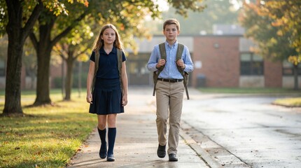 Girl And Boy Walking To School In Uniform Photo Of Girl And Boy Walking To School In Uniform