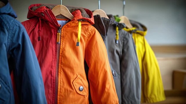 Colorful children's winter jackets hanging in a row