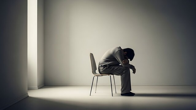 A person sitting alone on a chair in a dimly lit empty room with their head in their hands