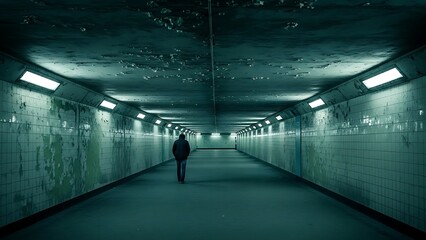A lone figure walks through a dimly lit underground tunnel with fluorescent lights overhead, conveying a sense of isolation and mystery.