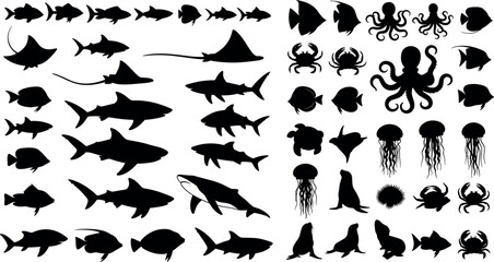 Huge vector bundle of underwater creature silhouettes with sharks whales rays octopuses and tropical fish for creative marine life logo designs. © BIPUL