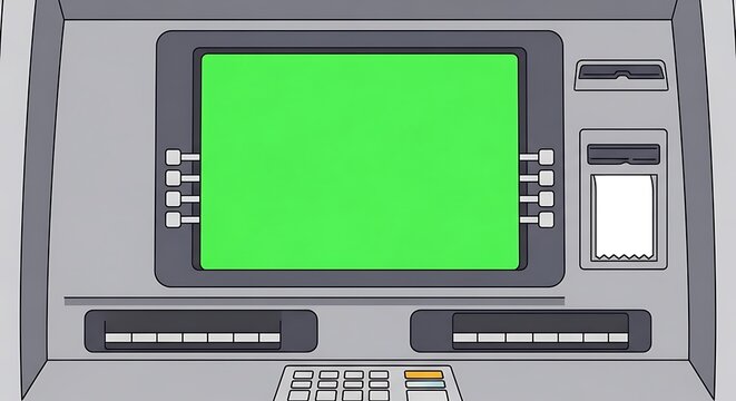Close-up view of an automated teller machine with a bright green screen ready for use.