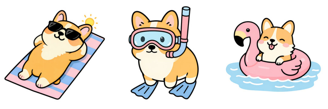 Cute corgi dog summer vacation cartoon character swimming snorkeling pool flamingo relaxing cute corgi dog enjoy summer vacation cartoon character