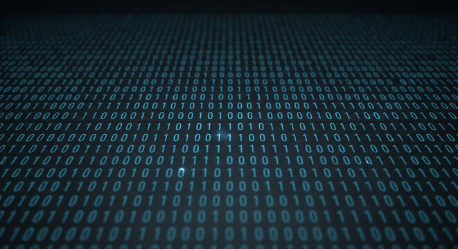 Digital stream of binary code representing data and information flow, technology, and programming concepts on a dark background