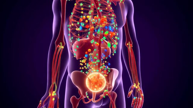 Gentle fountain of glowing multi-colored particles rising from central gut source cascading to stylized body silhouette carried by soft current. Realistic nourishing vibrant vitamin absorption