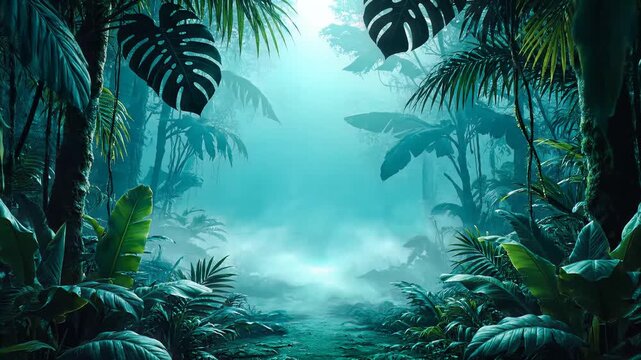 Sunlight streaming through dense jungle canopy, illuminating lush green vegetation and creating a serene tropical nature atmosphere.