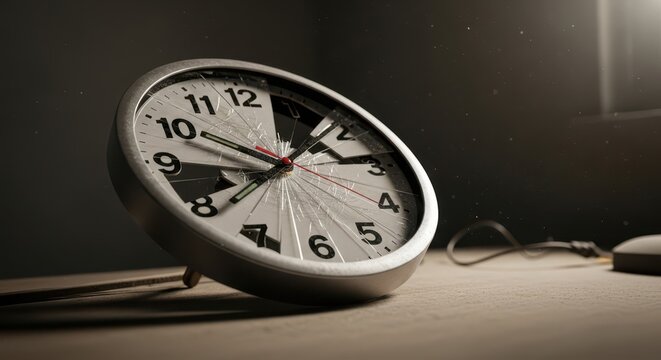 Broken alarm clock on table with shattered glass face