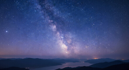 Breathtaking panoramic view of the Milky Way galaxy shimmering over majestic mountain peaks and a serene lake under a clear, star-studded night sky, evoking deep wonder