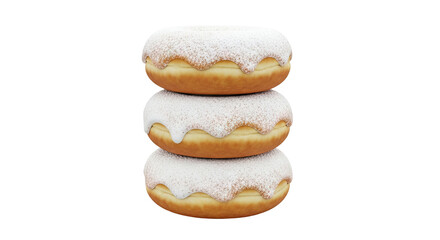 Stack of three donuts with white icing and powdered sugar