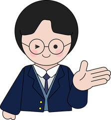 교복을 입은 안경 낀 남학생의 소개하는 제스처