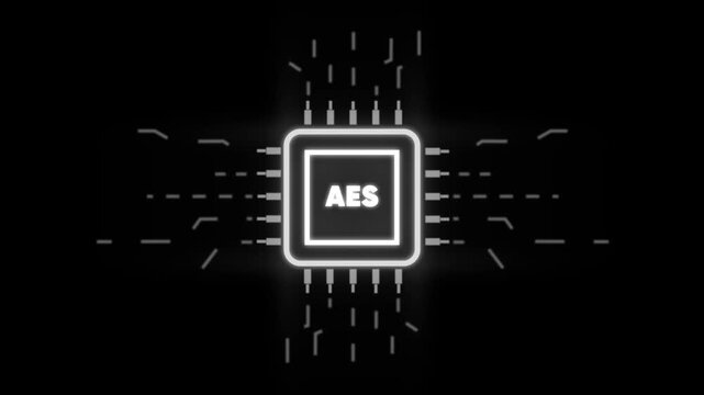 Advanced Encryption Standard A E S Secure Data Processing Glowing Neon Chipset on Black Background with Circuit Board