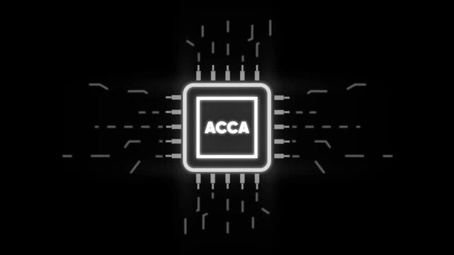 Glowing A C A on Microchip Circuit Board Background with Neon Effect ACCA glowing technology