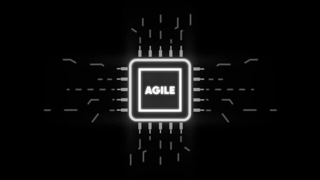 Agile Software Development Concept with Glowing Microchip and Circuitry Background