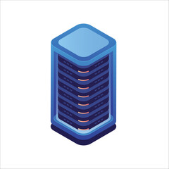 Rack of data server, data storage isometric. Database, data center, web hosting server, cloud in single storage 