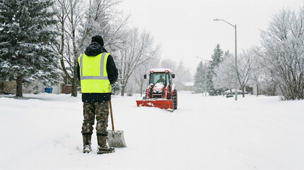 Road maintenance worker standing on snow-covered street during winter snowfall