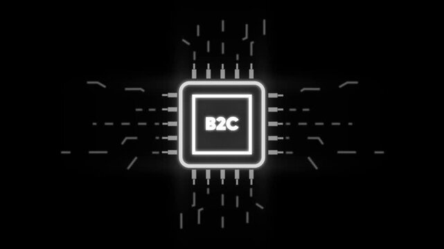 Business to Consumer B2 C Concept with Glowing Neon Chip and Circuit Board on Dark Background glowing dark background