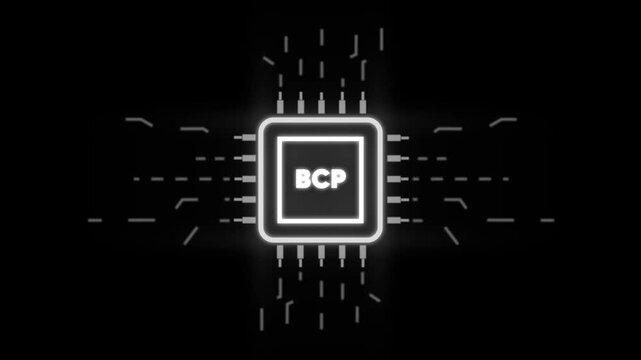 Business Continuity Planning B C P Concept Glowing Neon Chip Microchip with Radiating Lines on Dark Background