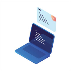 Web coding development programming software illustration. Isometric app computing big data program code on laptop screen