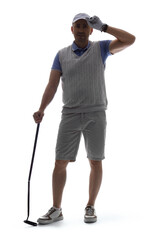 Silhouette of mature male golf player on white background