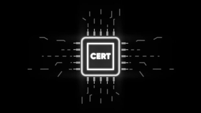 Glowing C E R T Microchip Circuit Board on Black Background with Neon Lines and Dots CERT