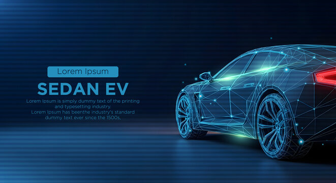 Low poly wireframe of sedan EV. Futuristic digital sedan concept representing advanced electric vehicle technology.