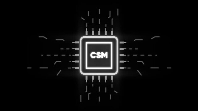 Glowing C S M Microchip with Neon Effect on Dark Background with Circuit Board