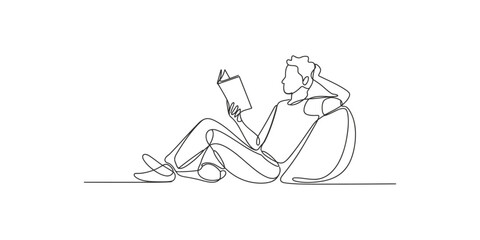 Minimalist continuous line drawing of a man relaxing and reading a book