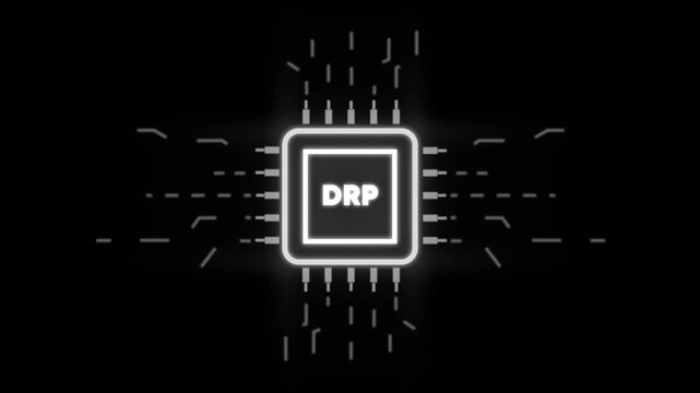 Glowing D R P Microchip Circuit Board with Neon Effect on Black Background for Technology and Innovation Concepts