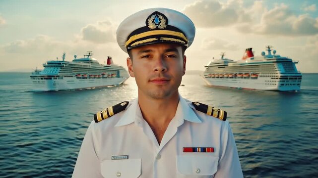 Confident Ship Captain Standing with Cruise Ships Stock Video