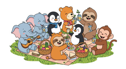 Naklejka premium Adorable animals enjoy picnic together in green meadow